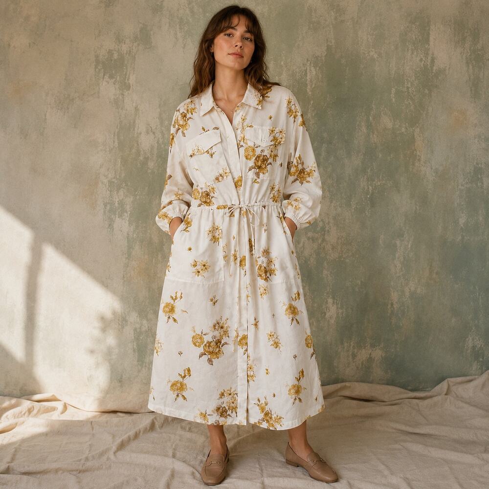 Woolrich White Midi Shirt Dress with Yellow Floral Print